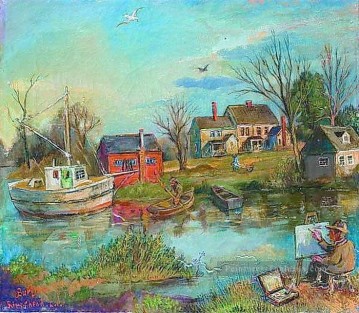 Bateaux œuvres - un paysage de rive de rivière peintre
